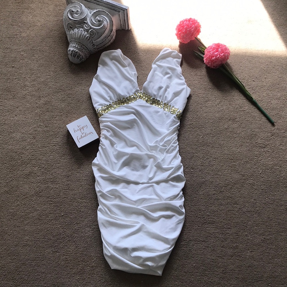 White Ruched Dress with Rhinestone CERES Size Medium